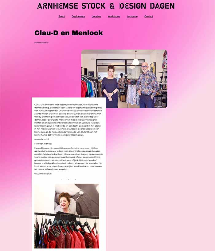Aankondiging van deelnemers Clau-D en Menlook op de website van de Arnhemse Stock & Design Dagen, inclusief een sfeerfoto van de kledingwinkel in het Modekwartier.