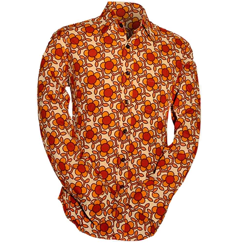 Kleurrijk retro heren overhemd met lange mouwen, voorzien van een opvallende print van gele bloemen met een oranje hart op een licht bruine achtergrond.