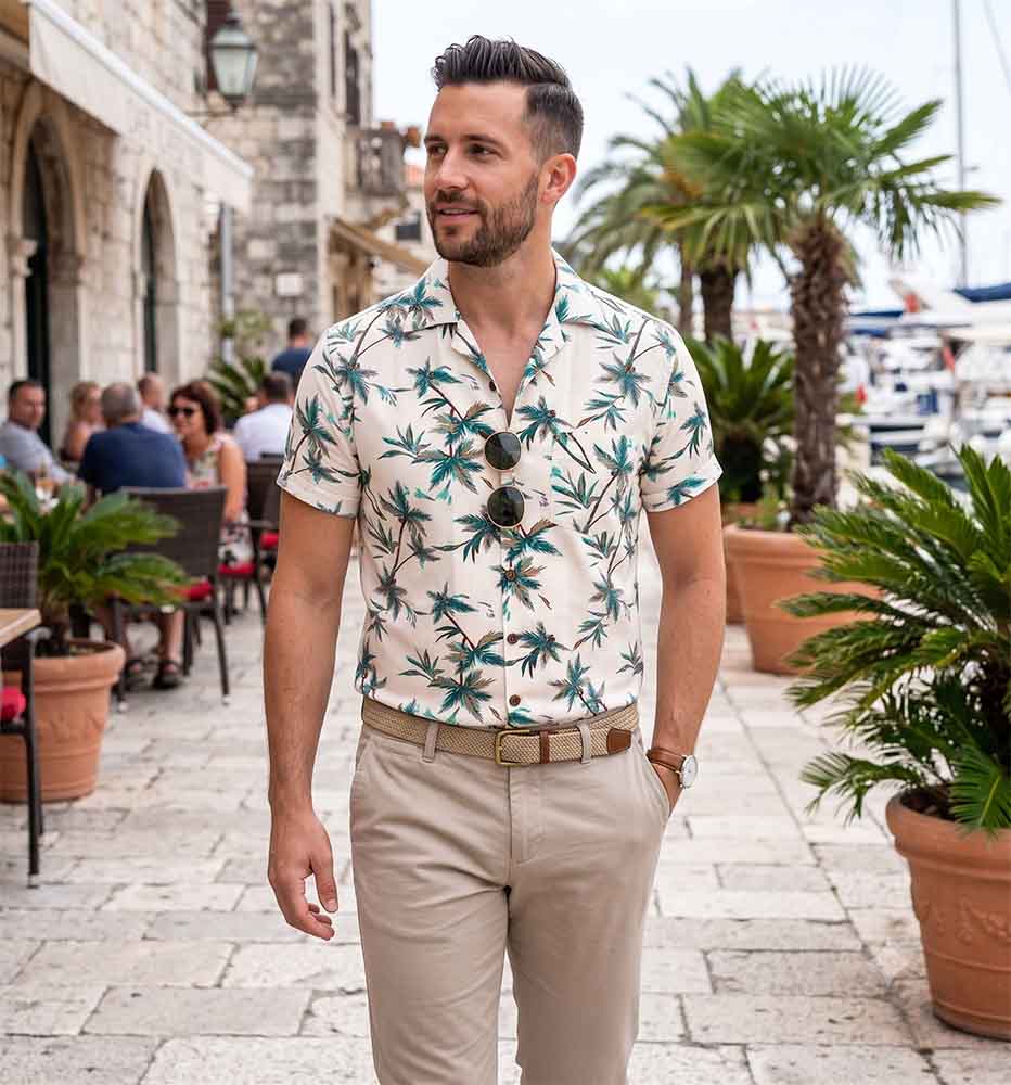 Man draagt het lichte retro overhemd Chenaski Palms Off White met korte mouwen, stijlvol gecombineerd met een beige chino tijdens een zonnige dag.