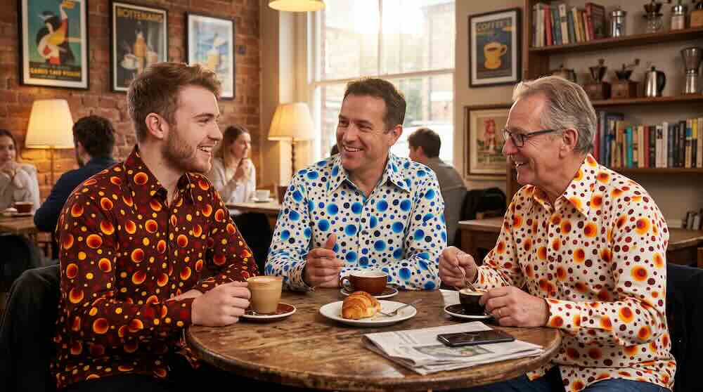 3 mannen van verschillende leeftijden in opvallende, kleurrijke retro Chenaski-overhemden met geometrische en cirkelpatronen, de klassieke Dots & Spots, gezellig pratend aan tafel in een café