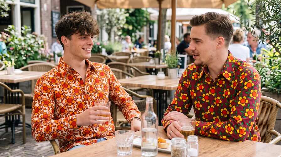 2 jongens op terras met een flowergrid retro overhemd van Chenaski zitten heerlijk te kletsen