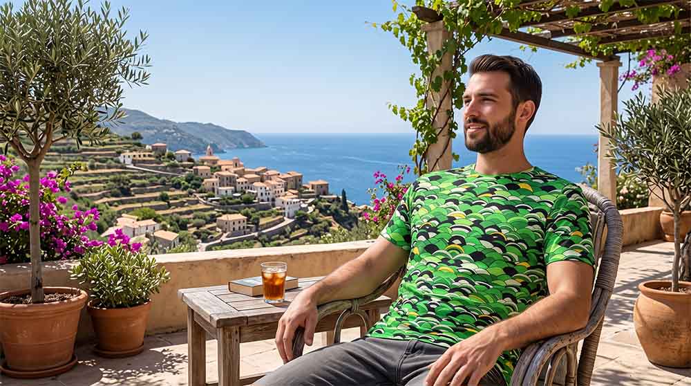 Man draagt het exclusieve Green Wave heren T-shirt met grafische print tijdens een ontspannen zomerdag op een zonnig terras.