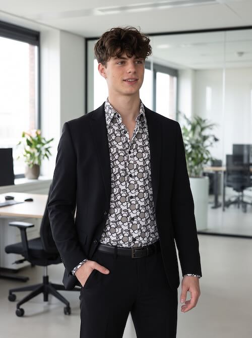 grijze bloemenprint overhemd van Chenaski, de grey flowergrid in combinatie met een zwart colbert en broek