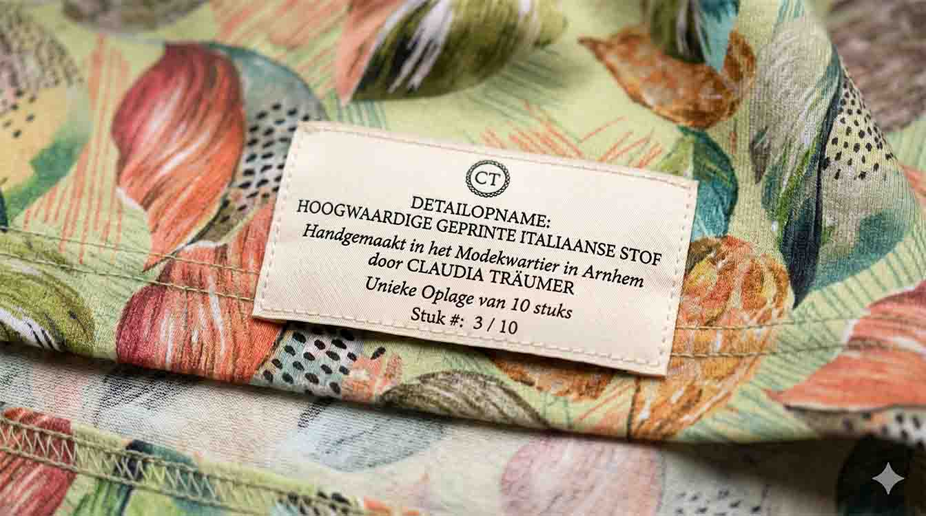 Detailopname van de hoogwaardige geprinte Italiaanse stof, handgemaakt in het Modekwartier in Arnhem door Claudia Träumer voor No106 en Menlook in een unieke oplage van 10 stuk