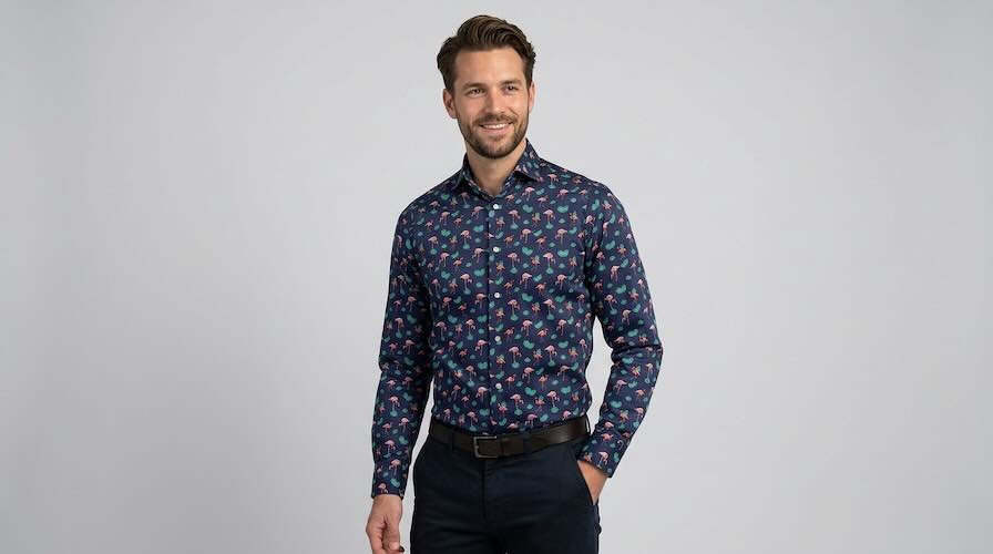 Een man fotografeert in landschapsformaat, gekleed in een modern fit overhemd van Wolff Blitz. Het overhemd heeft een donkerblauwe achtergrond met een vrolijke print van roze flamingo's en groene bladeren. De lichte taillering van de pasvorm is goed zichtbaar