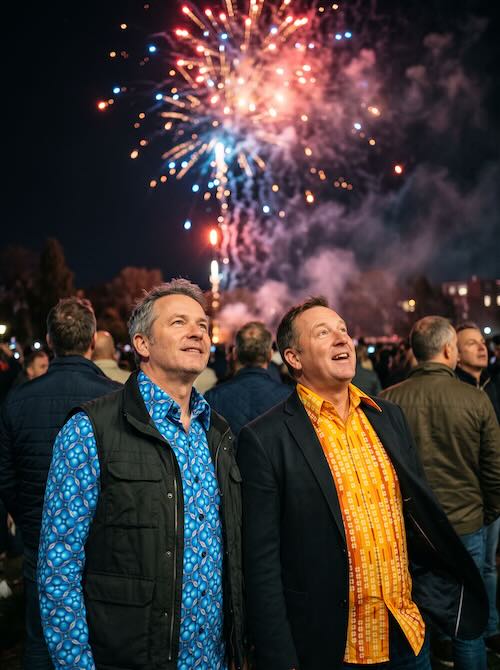 Twee mannen in kleurrijk print overhemd kijken samen naar het vuurwerk met oud en nieuw — feestelijke herenmode van Menlook