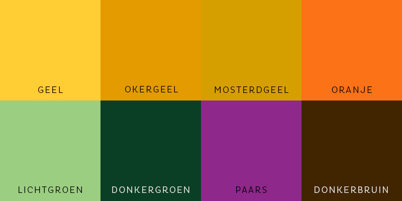 Kleurenpalet van een retro overhemd met typische jaren 70-tinten: mosterd, oker, oranje, groen en bruin