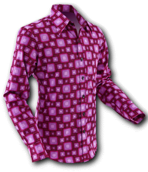 Retro overhemd van Chenaski met hypnotiserende vierkanten als retro print in paars en roze. Statement piece voor feest, festival of funky avond uit.