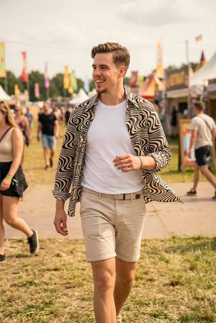 Retro overhemd Chenaski Wavyline creme-black met zwarte golvende lijnen, gedragen op een festival