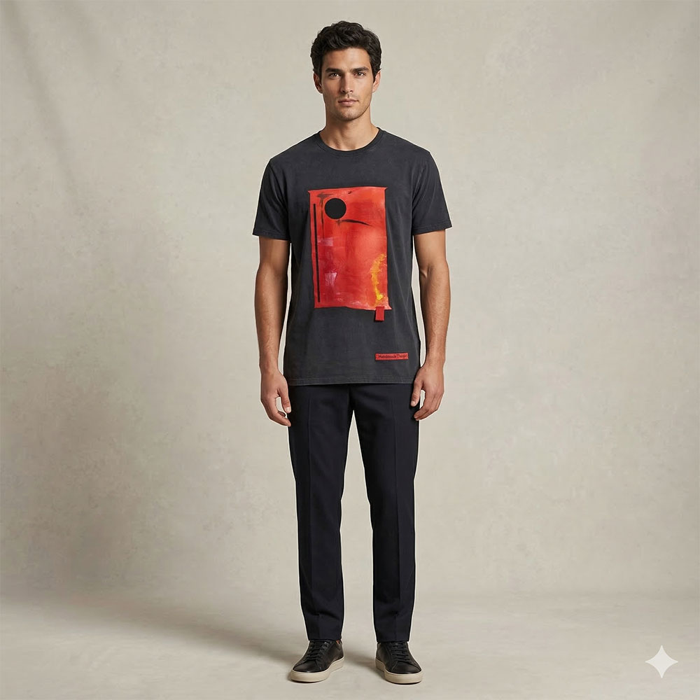 Zwart handmade design T-shirt met abstract oranje schilderwerk en blauw accent, ontworpen door Vincent Welten.