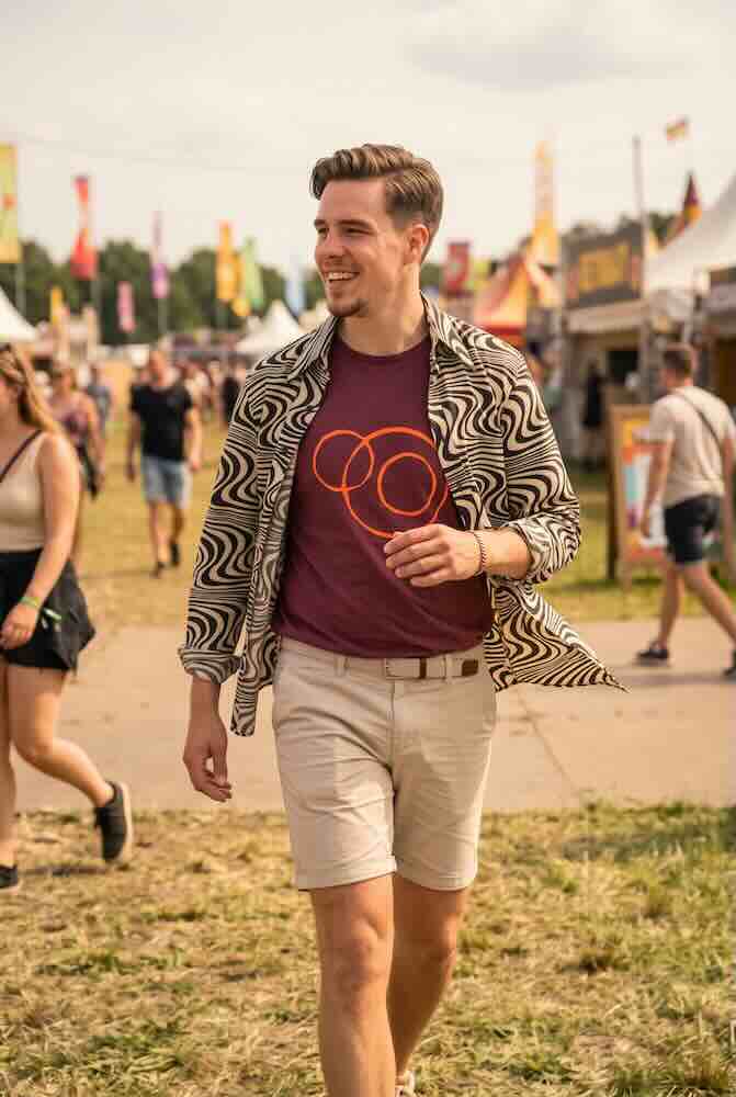 Man op festival draagt een Chenaski Wavyline overhemd over een No106 T-shirt met print