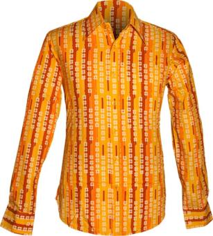 Kleurrijk oranje en lichtbruin jaren '70 retro overhemd van Chenaski met een verticaal strepen- en klaverpatroon en grote pun