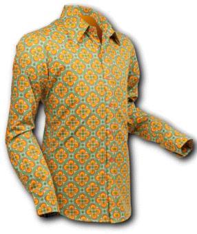 Kleurrijk jaren '70 retro overhemd van Chenaski met een lichtgroene en oranje dotsgrid print en kenmerkende puntkraag.