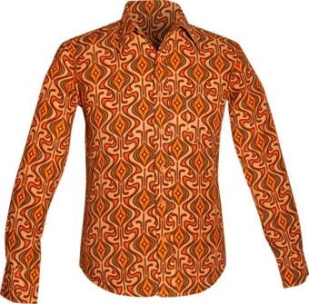 Kleurrijk jaren '70 retro overhemd van Chenaski met lange mouwen, grote puntkraag en opvallende Onion print in crème, bruin e