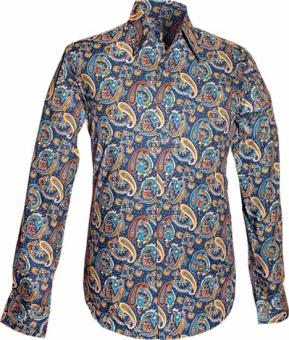 paisley retro overhemd petrolblauw oker