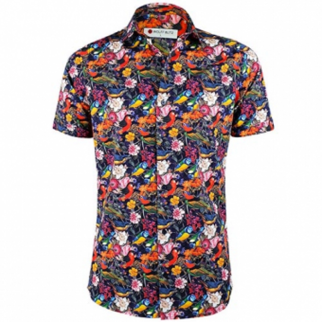 bloemen-blouse korte mouw met vogels