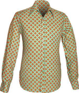 Lichtblauw jaren '70 retro overhemd van Chenaski met kleine oranje bloemetjes en opvallende puntkraag.