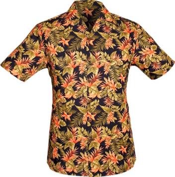 Zomers navy retro overhemd met korte mouw van Chenaski, voorzien van een tropische jungle planten print en jaren '70 puntkraa