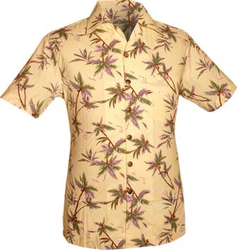 Zomers donker crème retro overhemd met korte mouw van Chenaski, voorzien van lila en bruine palmbomen print en jaren '70 punt