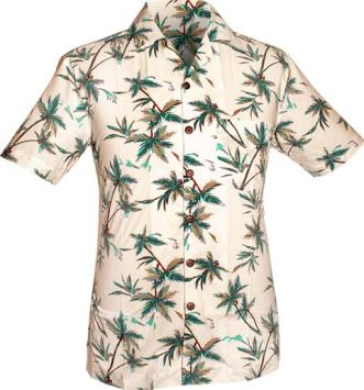 Zomers off-white retro overhemd met korte mouw van Chenaski met vintage palmbomen print en '70 puntkraag.