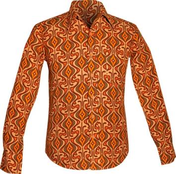 Kleurrijk jaren '70 retro overhemd van Chenaski met lange mouwen, grote puntkraag en opvallende Onion print in crème, bruin e