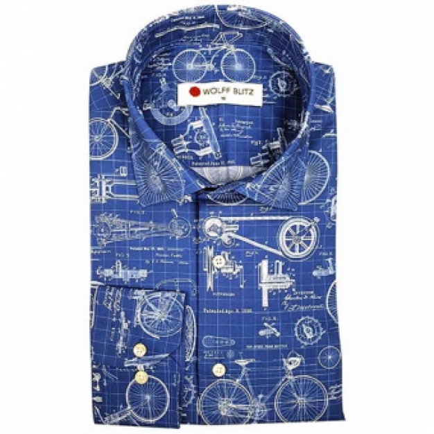 heren overhemd blauw print fietsen